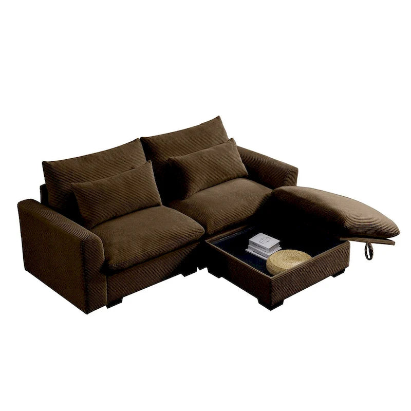 Sectional Sofa Comfy Corduroy Couch with Pillows and Round Armrests,Corduroy Sofa Sleeper Deep Couches with Storage Ottoman
