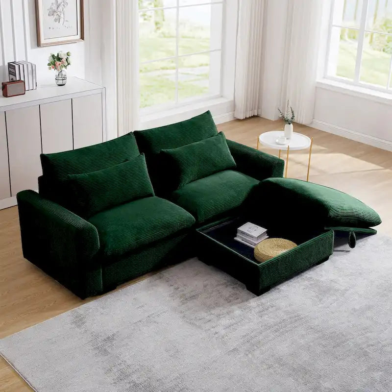 Sectional Sofa Comfy Corduroy Couch with Pillows and Round Armrests,Corduroy Sofa Sleeper Deep Couches with Storage Ottoman