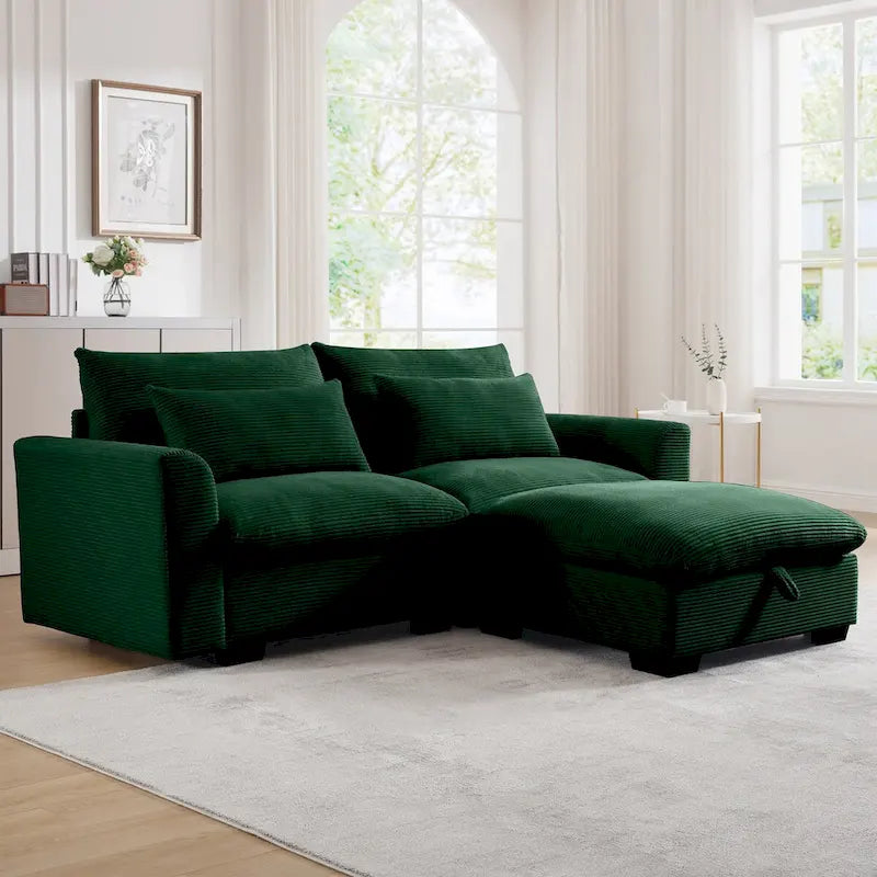 Sectional Sofa Comfy Corduroy Couch with Pillows and Round Armrests,Corduroy Sofa Sleeper Deep Couches with Storage Ottoman