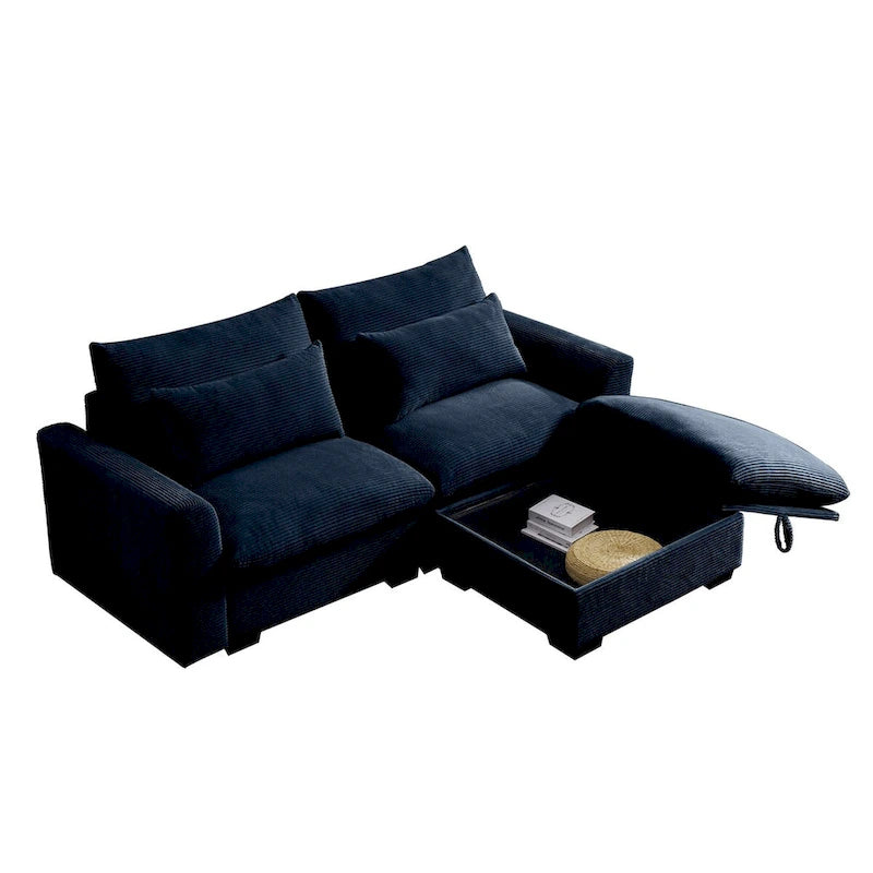 Sectional Sofa Comfy Corduroy Couch with Pillows and Round Armrests,Corduroy Sofa Sleeper Deep Couches with Storage Ottoman