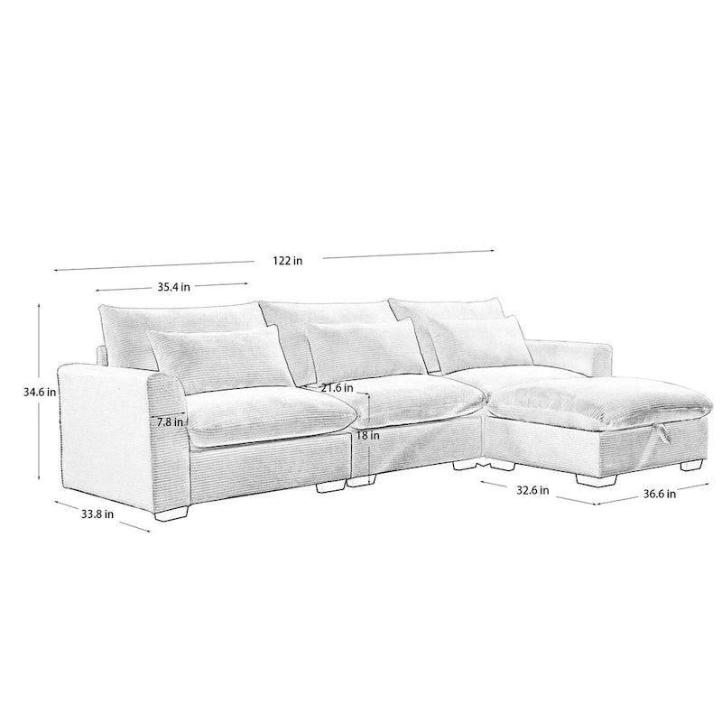 Sectional Sofa Comfy Corduroy Couch with Pillows and Round Armrests,Corduroy Sofa Sleeper Deep Couches with Storage Ottoman