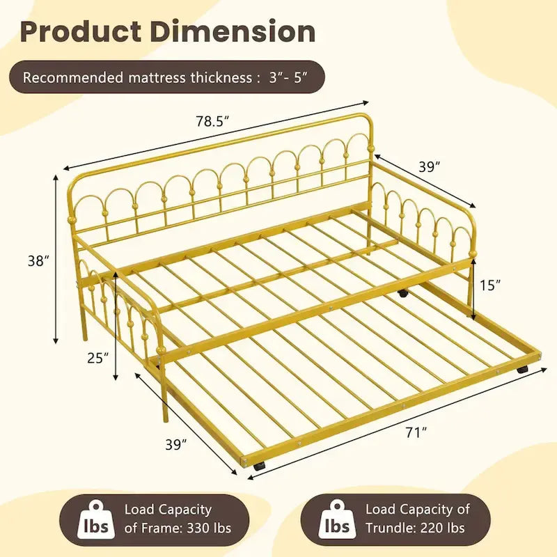 Twin Size Metal Daybed w/Trundle Sofa Bed Lockable Wheels