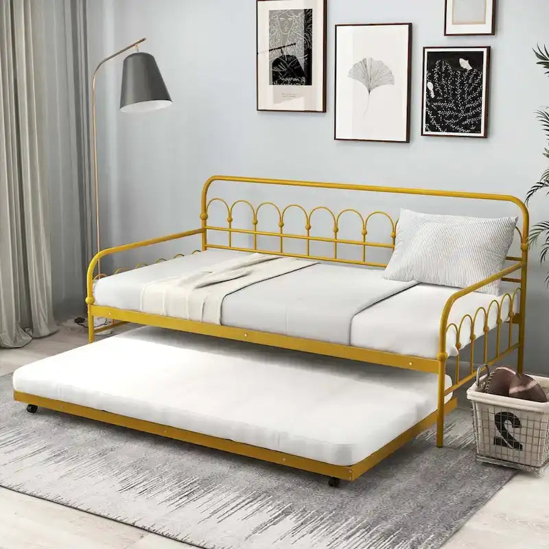 Twin Size Metal Daybed w/Trundle Sofa Bed Lockable Wheels