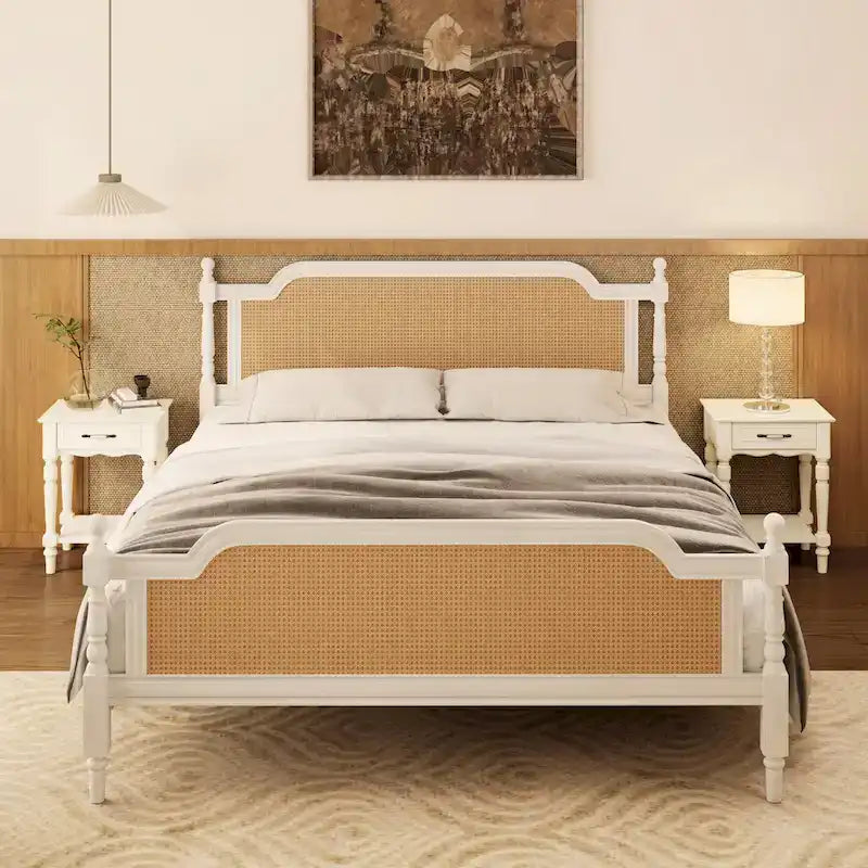 Traditional Style Rattan Platform Bed Frame No Box Spring Needed