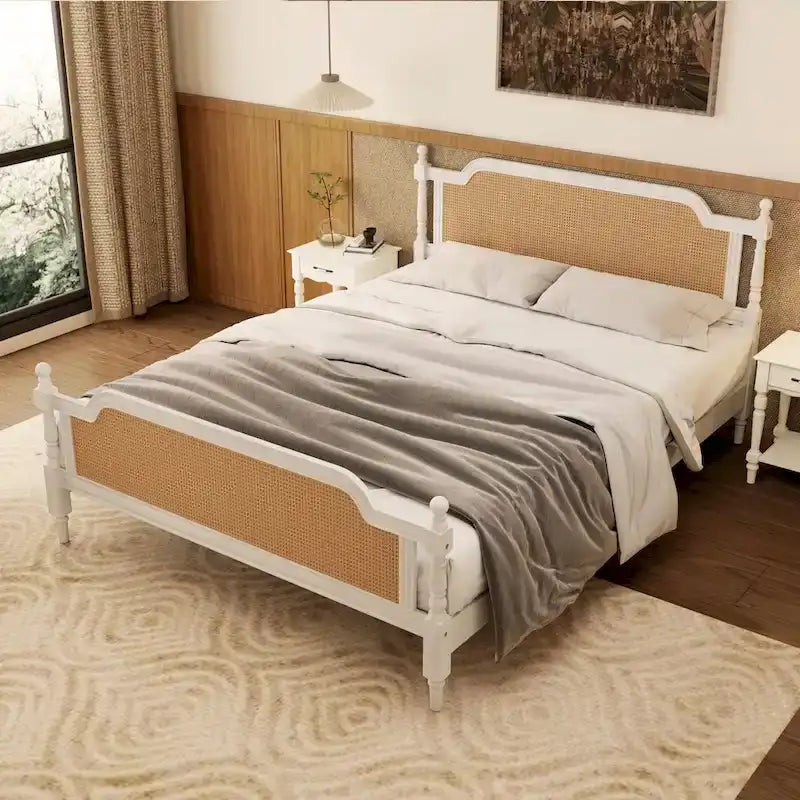 Traditional Style Rattan Platform Bed Frame No Box Spring Needed