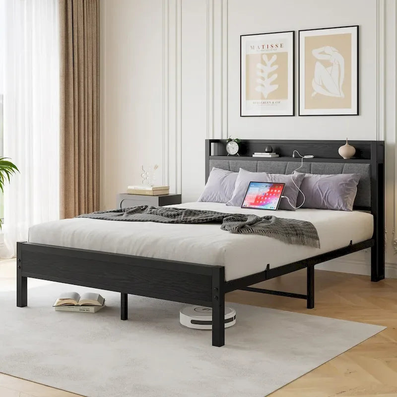 Queen Size Platform Bed Frame with Storage Headboard Charging Station and USB Ports Easy Assembly