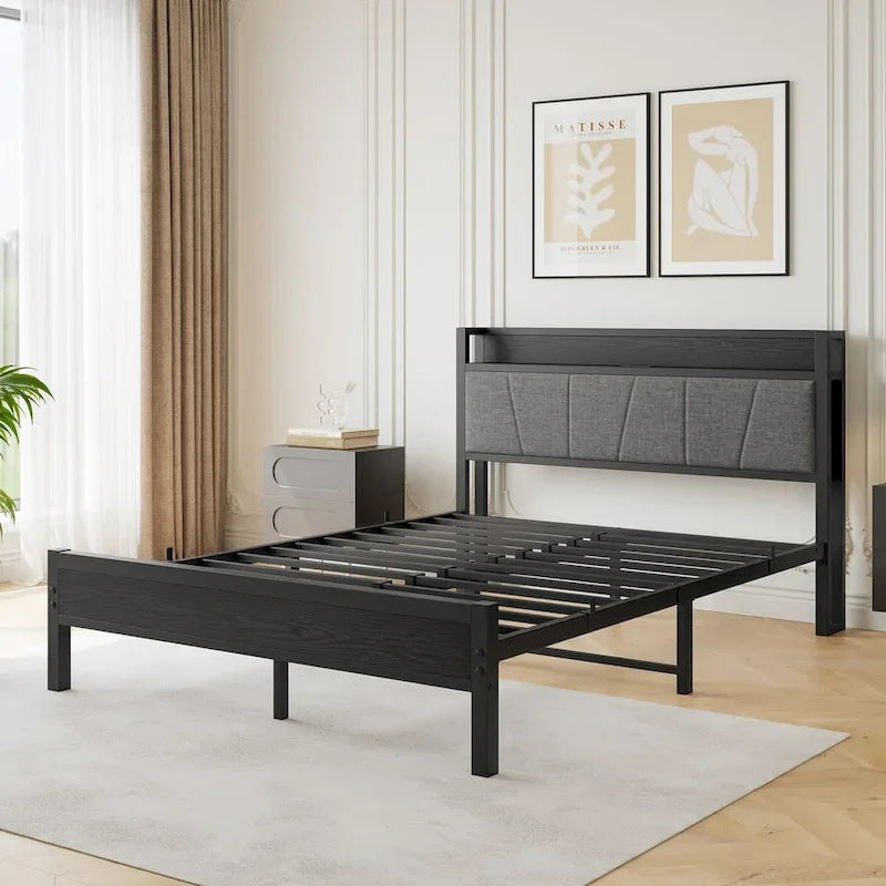 Queen Size Platform Bed Frame with Storage Headboard Charging Station and USB Ports Easy Assembly