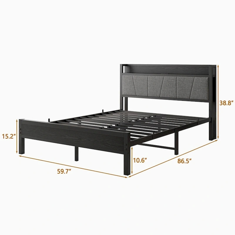 Queen Size Platform Bed Frame with Storage Headboard Charging Station and USB Ports Easy Assembly
