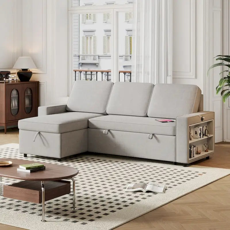 Oaks Aura 85.8 Inch Pull Out Sleeper Sofa, L-shaped Couch With USB Port, Convertible Sofa Bed With Storage Racks
