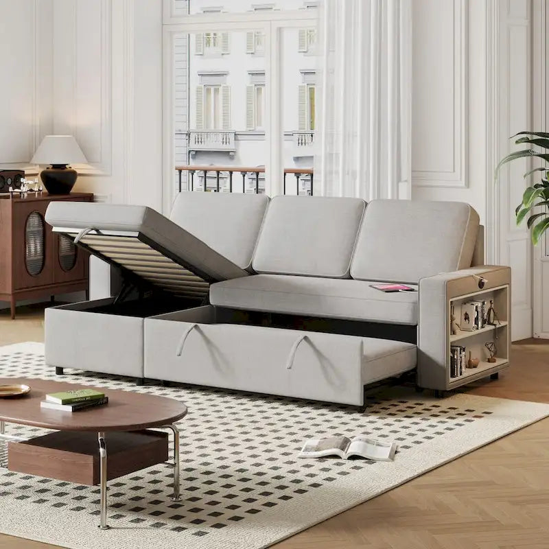 Oaks Aura 85.8 Inch Pull Out Sleeper Sofa, L-shaped Couch With USB Port, Convertible Sofa Bed With Storage Racks