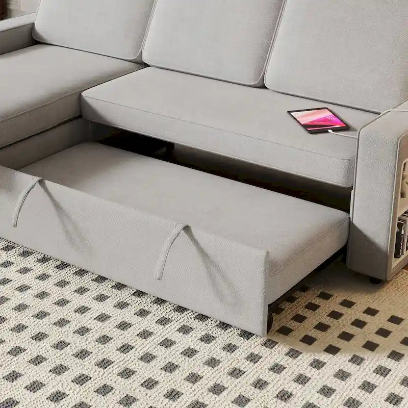 Oaks Aura 85.8 Inch Pull Out Sleeper Sofa, L-shaped Couch With USB Port, Convertible Sofa Bed With Storage Racks