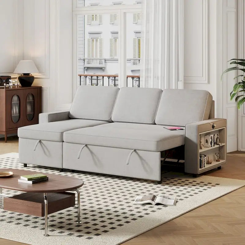 Oaks Aura 85.8 Inch Pull Out Sleeper Sofa, L-shaped Couch With USB Port, Convertible Sofa Bed With Storage Racks