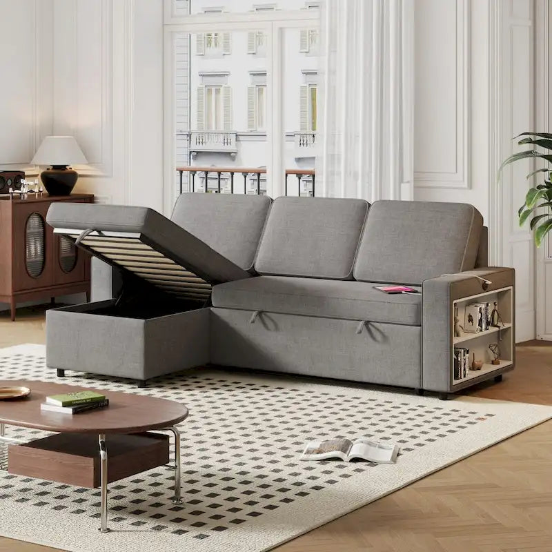 Oaks Aura 85.8 Inch Pull Out Sleeper Sofa, L-shaped Couch With USB Port, Convertible Sofa Bed With Storage Racks