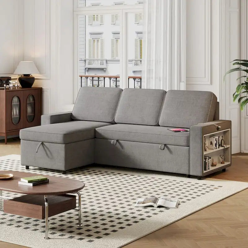 Oaks Aura 85.8 Inch Pull Out Sleeper Sofa, L-shaped Couch With USB Port, Convertible Sofa Bed With Storage Racks