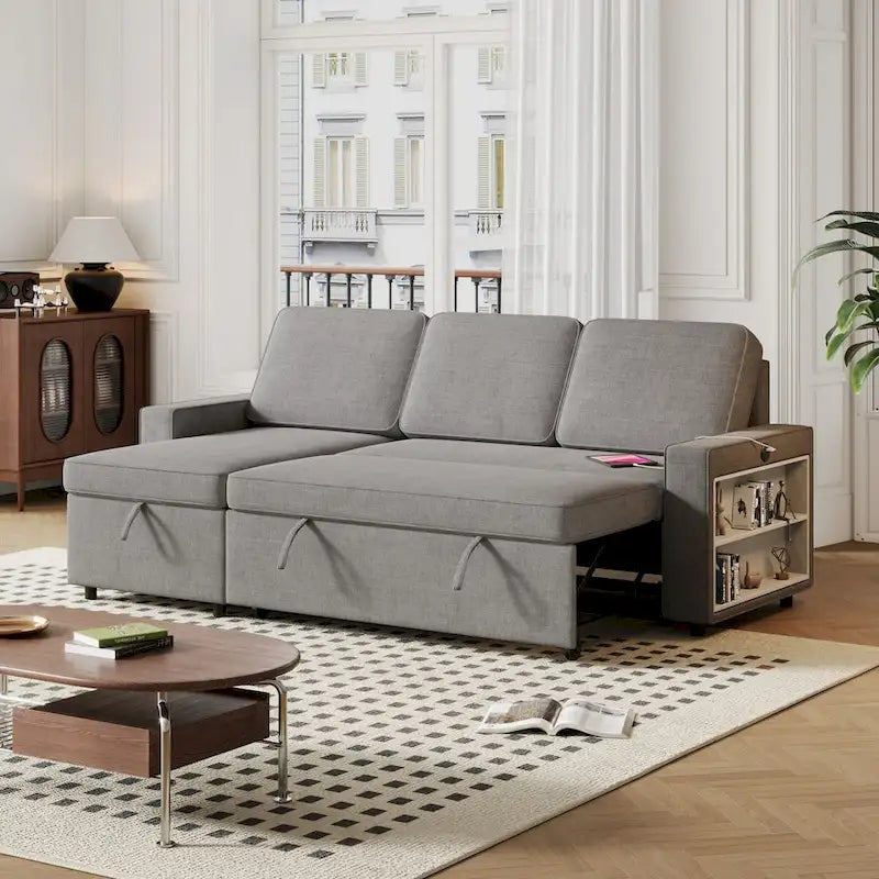 Oaks Aura 85.8 Inch Pull Out Sleeper Sofa, L-shaped Couch With USB Port, Convertible Sofa Bed With Storage Racks