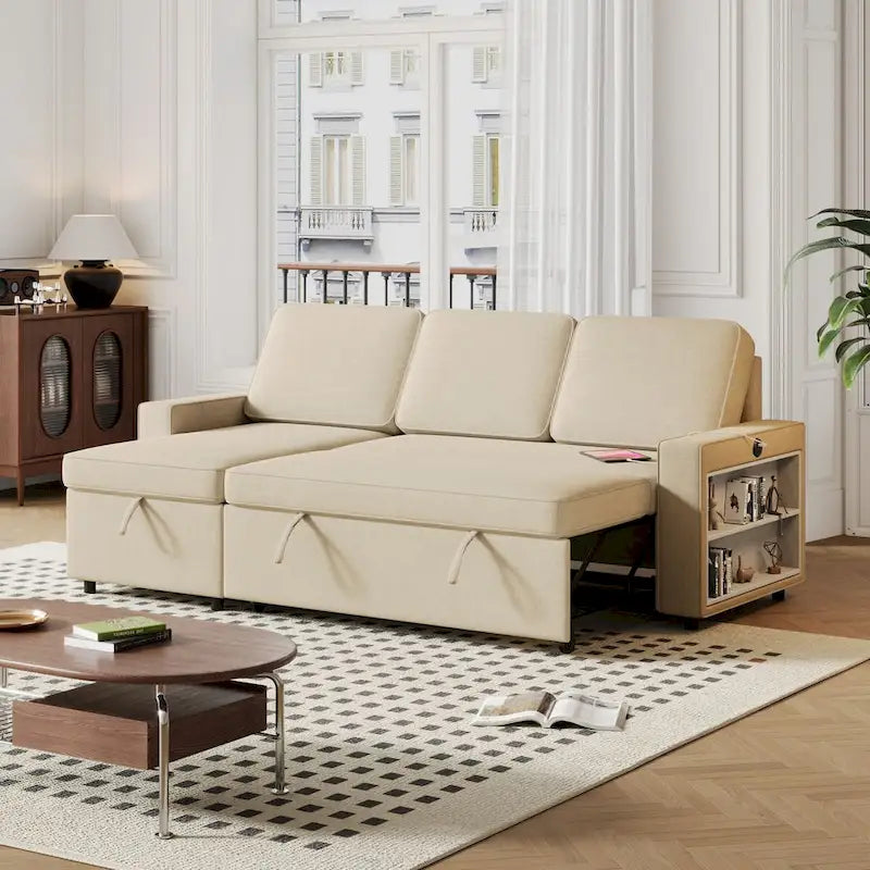 Oaks Aura 85.8 Inch Pull Out Sleeper Sofa, L-shaped Couch With USB Port, Convertible Sofa Bed With Storage Racks