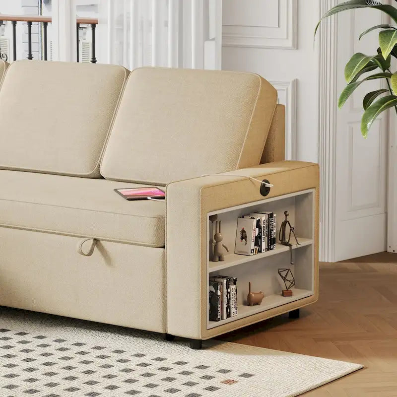 Oaks Aura 85.8 Inch Pull Out Sleeper Sofa, L-shaped Couch With USB Port, Convertible Sofa Bed With Storage Racks