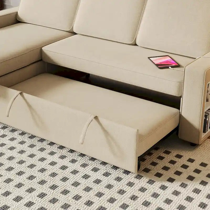 Oaks Aura 85.8 Inch Pull Out Sleeper Sofa, L-shaped Couch With USB Port, Convertible Sofa Bed With Storage Racks