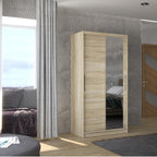 Small bedroom wardrobe with 2 sliding doors, natural finish, with mirror, Bazo 100cm, 65888UJRE
