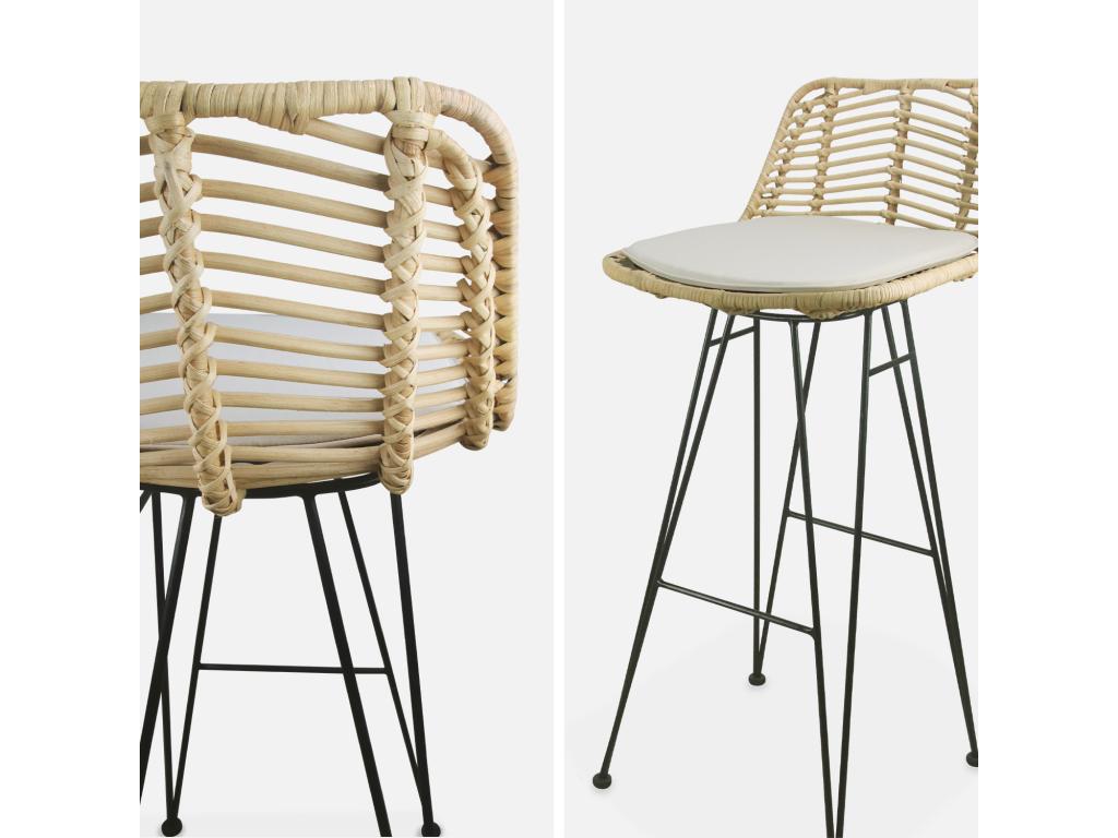 Two bar stools in natural rattan and metal - beige cushions 75cm - Artvivrestore 61744IYNK