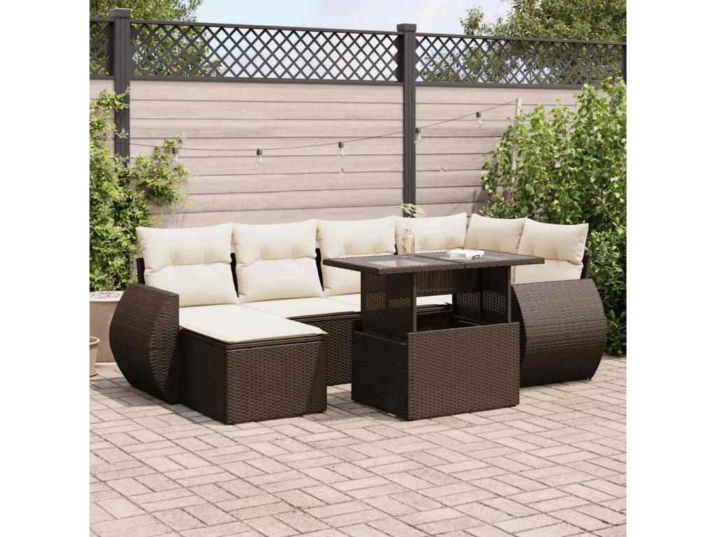 7-piece garden furniture set with cushions, brown woven resin, 53327JVIB