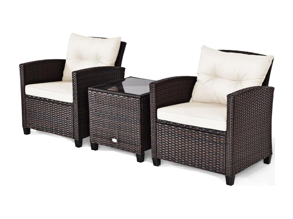 Rattan and natural fiber garden furniture set - 3 pieces - 180KG load capacity - 2 armchairs and coffee table with tempered glass top - Beige 35828YAYT