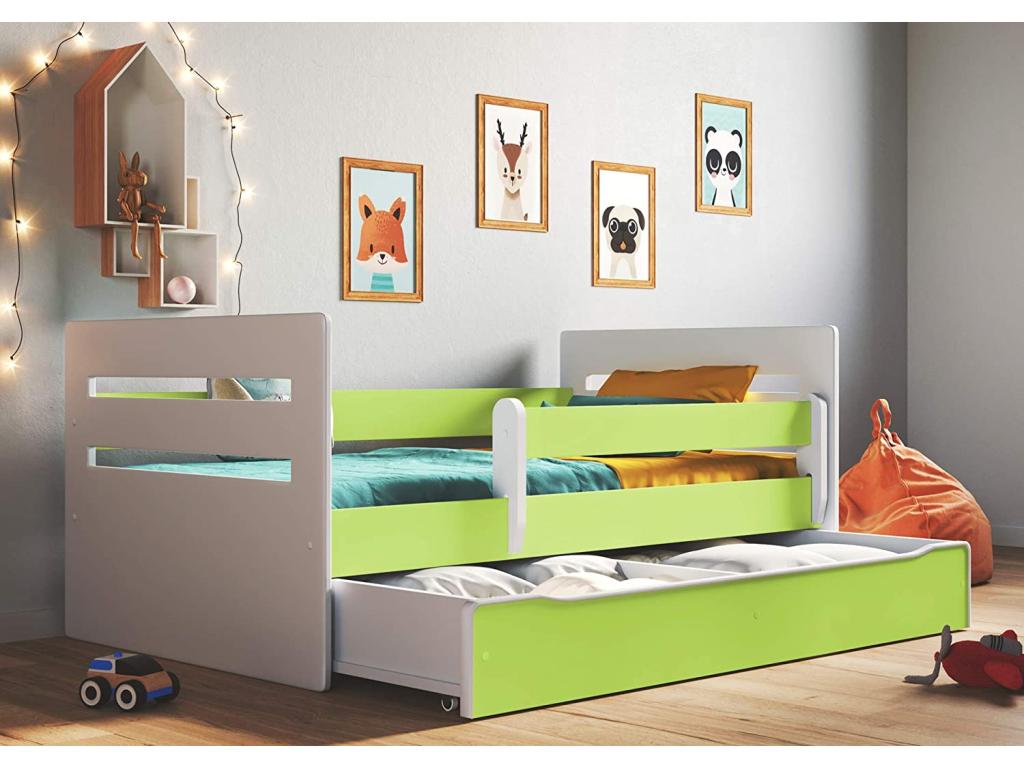 Children's bed with removable safety rail, white and green, Artvivrestore - Foam mattress - 80x160 27372GLTN