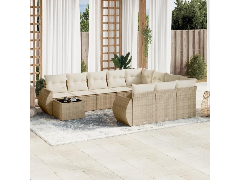 11-piece garden furniture set with beige resin wicker cushions 52880PYTF