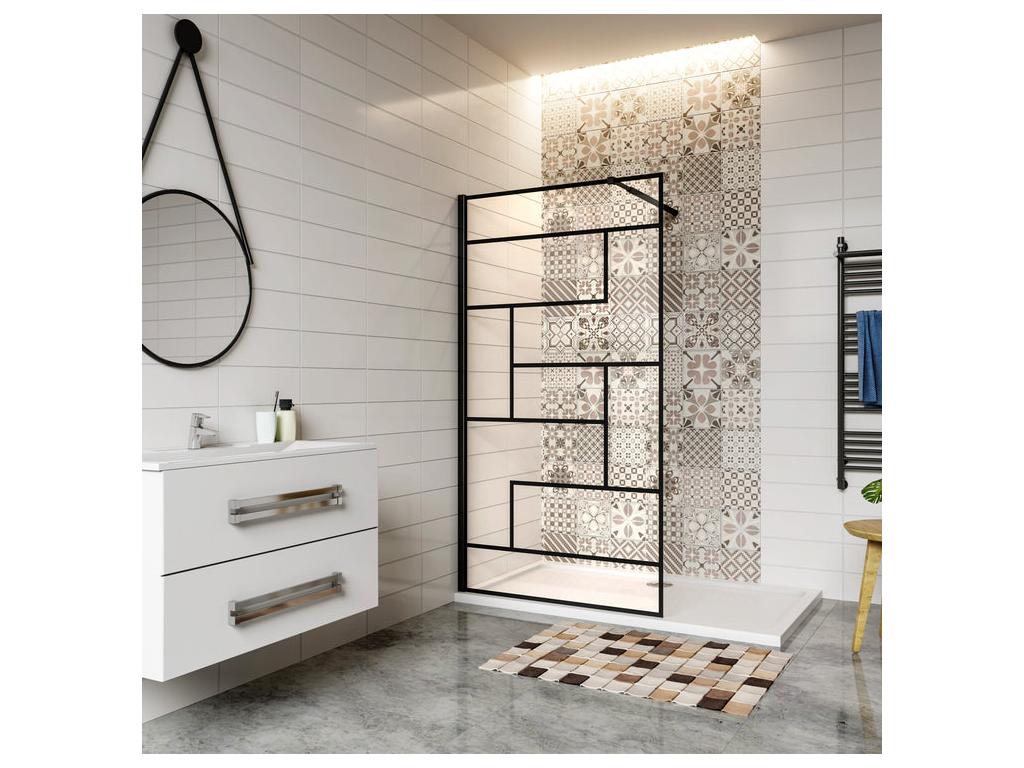 Walk-in shower screen 70x200cm with black square support bar 73-120cm extendable, 8mm anti-limescale glass, modern style 98529HDAQ