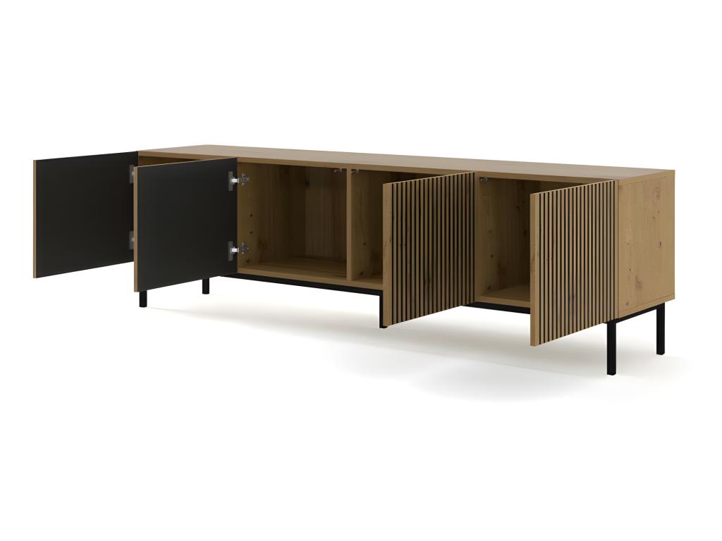 Artvivrestore Oak-Colored TV Stand/Hi-Fi Cabinet, 200x42x58cm, RAVI F PEINT, Black Framed Legs, 10640UNTX