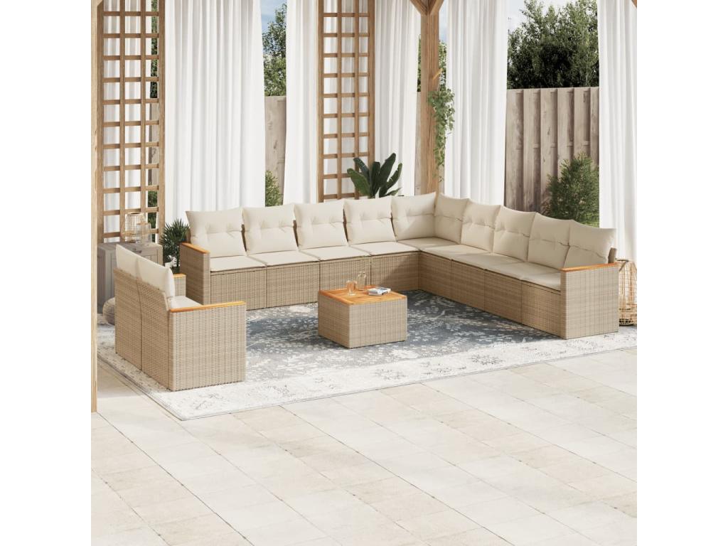 12-piece garden furniture set with cushions, beige woven resin, 31639GSZD