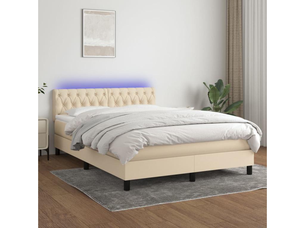 Upholstered bed base with mattress and LED lighting, Cream, 140x200 cm, Fabric, 38860YFYO