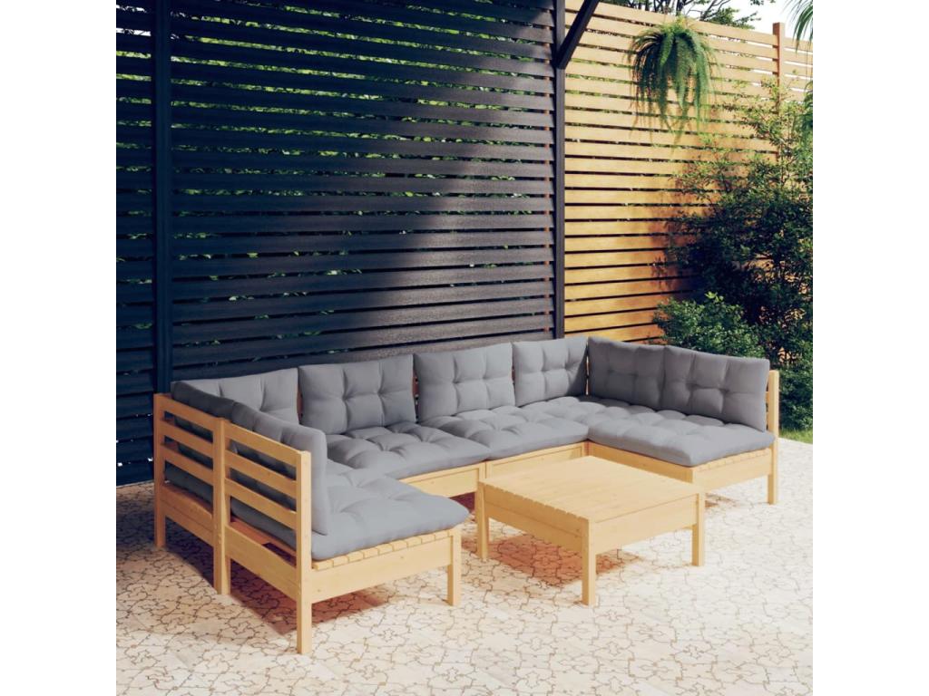 7-piece garden furniture set with grey cushions, solid pine wood 45213EZEJ
