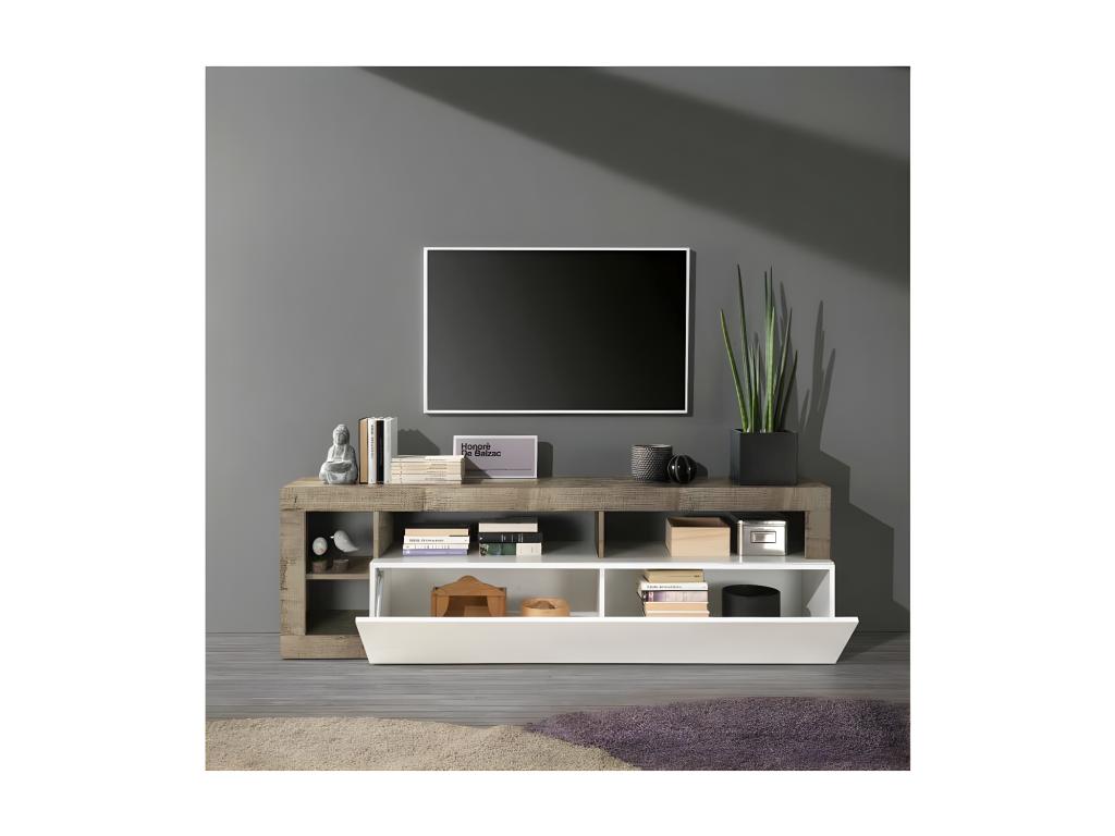 TV stand with 1 drop-down door and 2 shelves, glossy white lacquer/smoked wood - Artvivrestore 65019YZSX