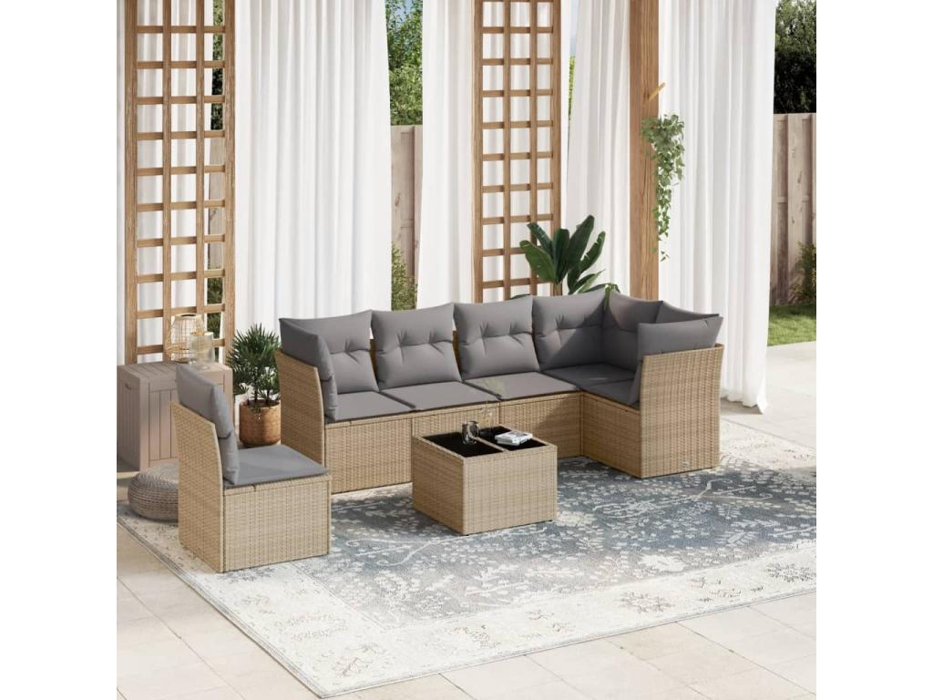 7-piece garden furniture set with cushions, beige wicker resin, 61691HZBY