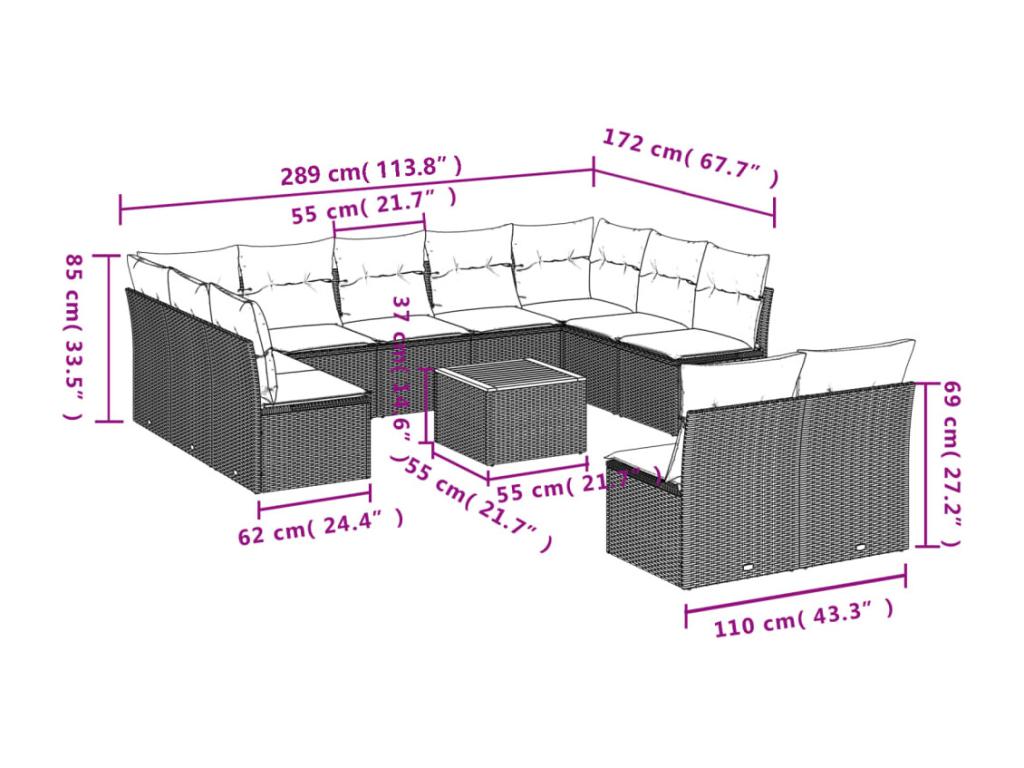 12-piece garden furniture set with cushions, beige woven resin, 14838XOBB