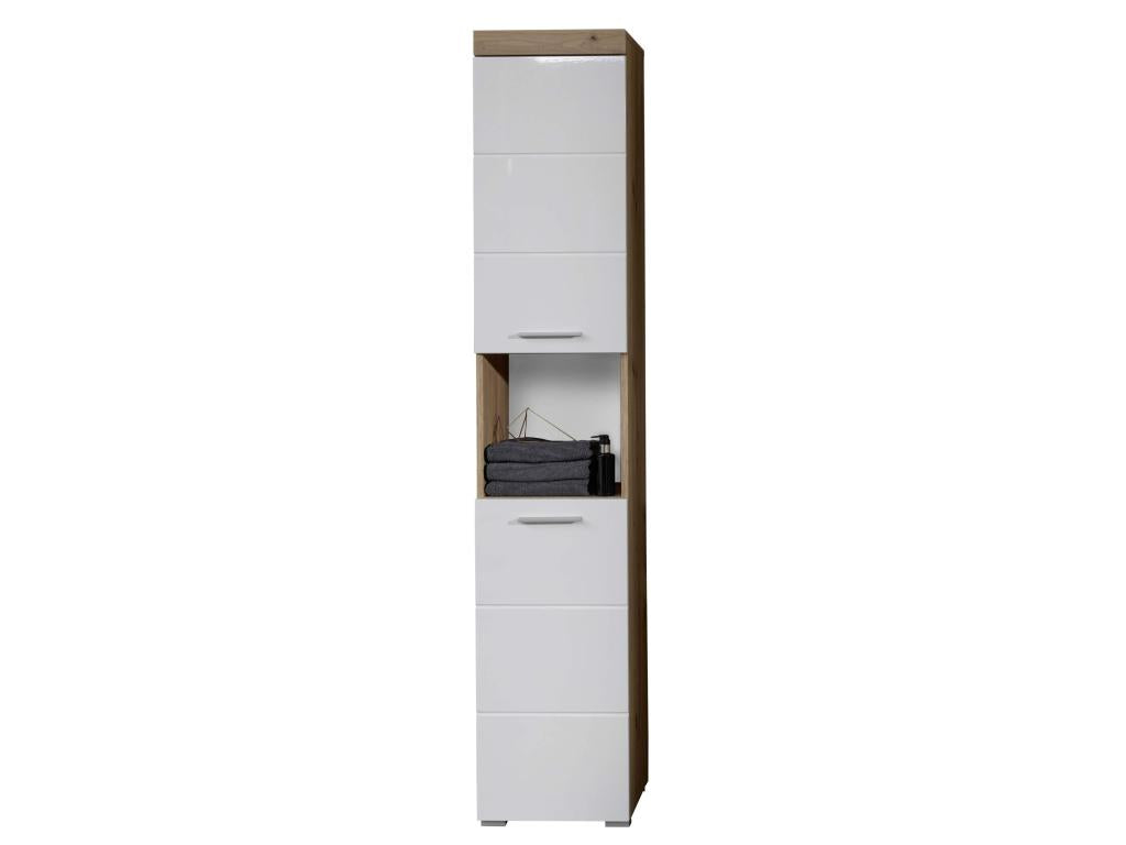 Melamine bathroom cabinet - Tall cabinet - White-Gloss Oak - WHD 37 - 190 - 31 cm 87376JSSW