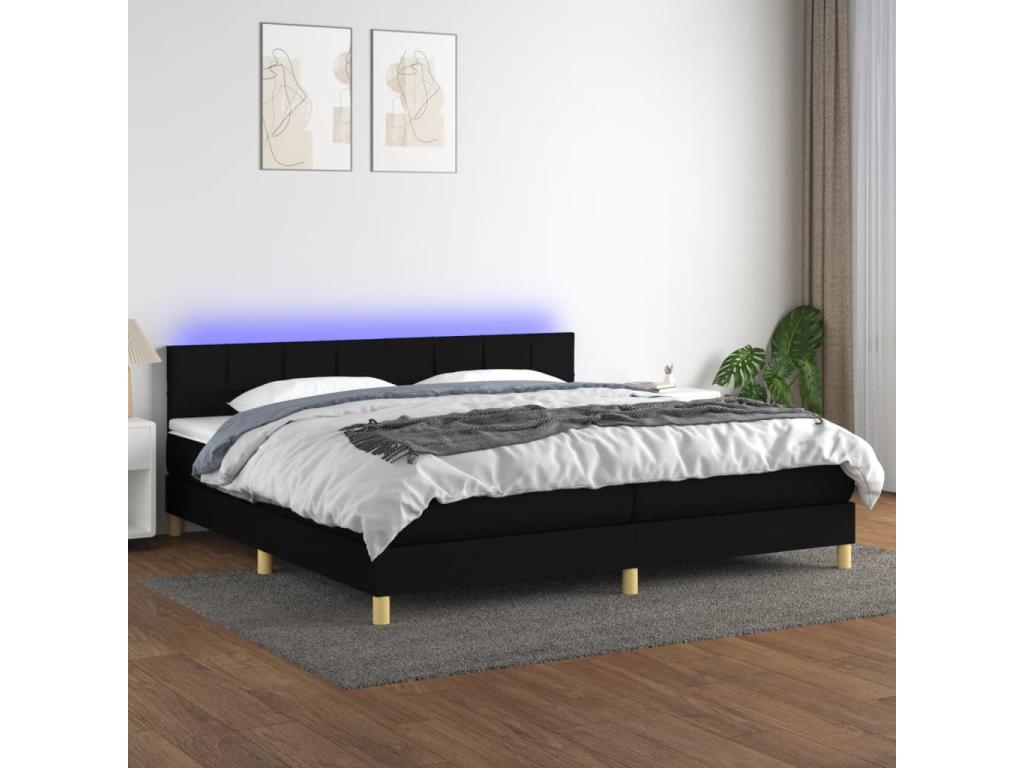 Upholstered bed base and mattress with LED lighting, black, 200x200 cm, fabric, 40402TJRW