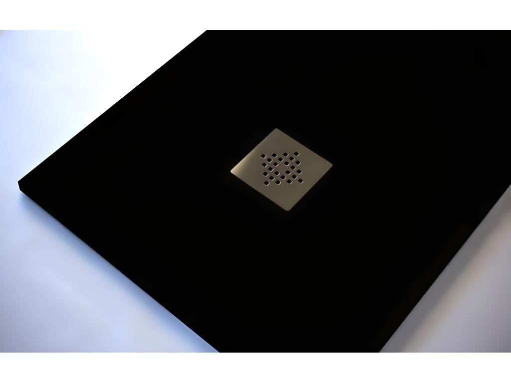 Extra-flat 90x100 cm PURE shower tray in black slate-effect resin with black drain cover 39859DCWX