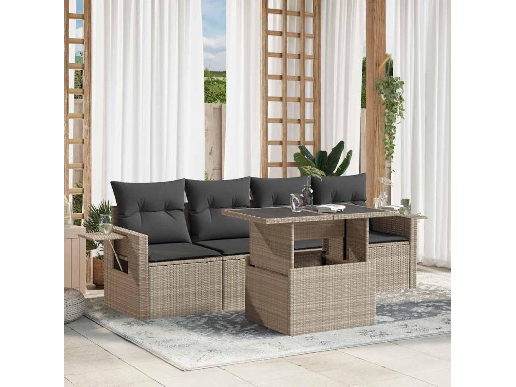 5-piece garden furniture set with light grey cushions, woven resin 88066TEMW