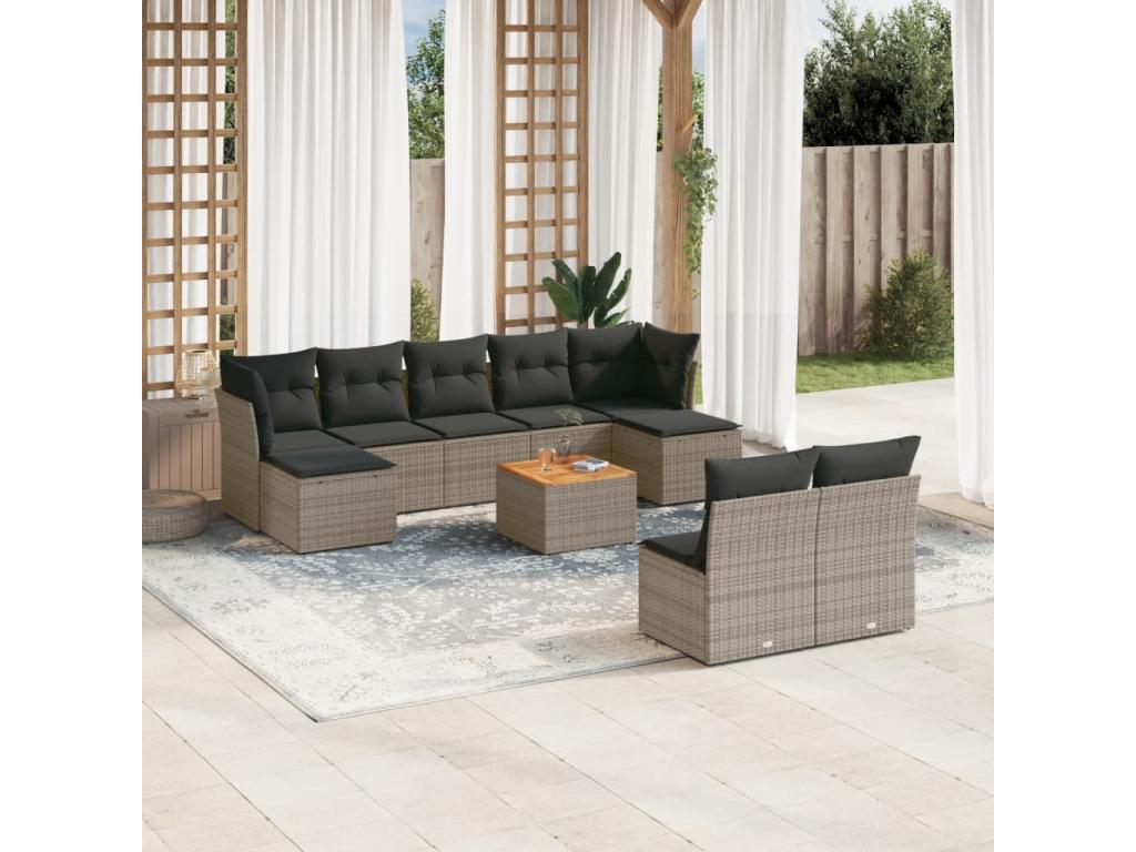 10-piece garden furniture set with cushions, grey woven resin, 36367OARK