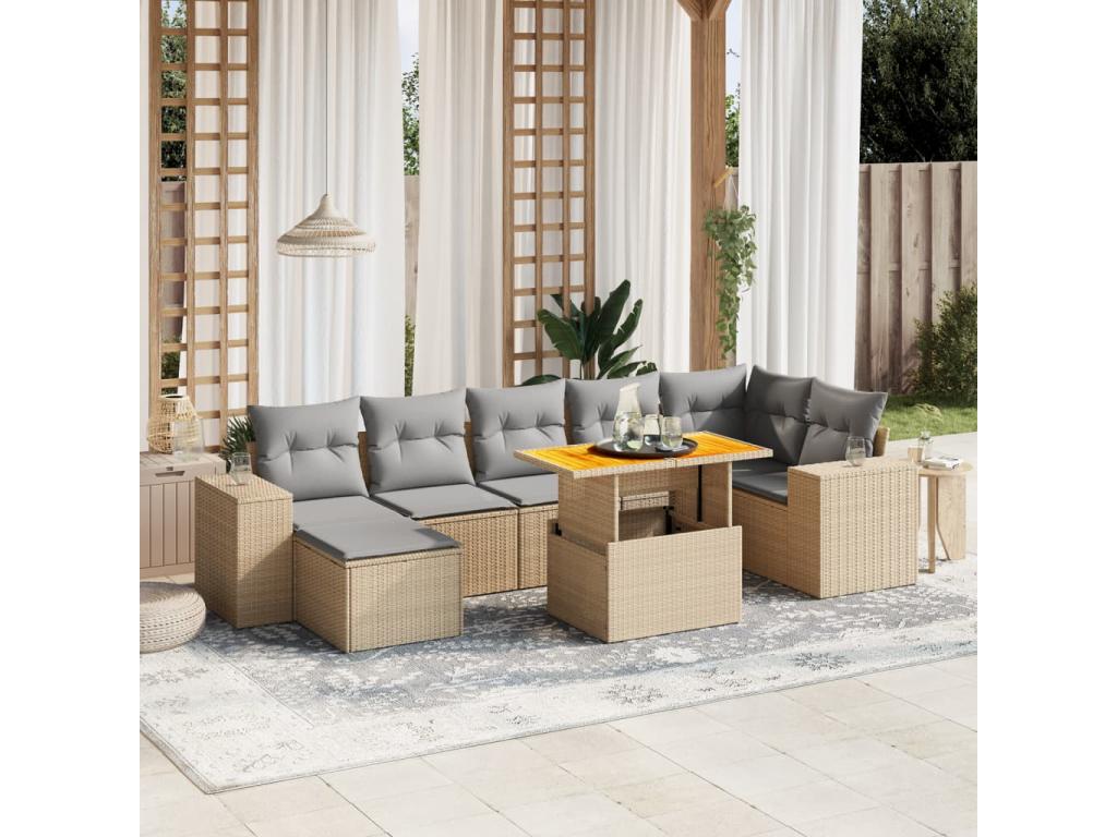 8-piece garden furniture set with cushions, beige woven resin, 56923CPHT