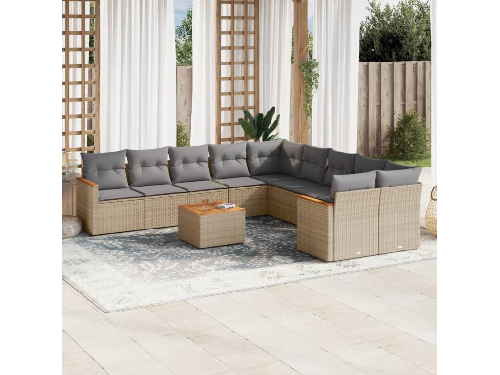Garden furniture set and cushions, 11 pieces, méArtvivrestore beige woven resin 72668UTWT