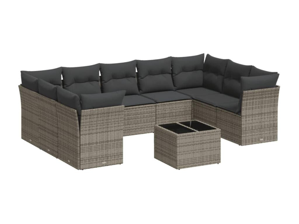 10-piece garden furniture set with cushions, grey woven resin 88701TTQX