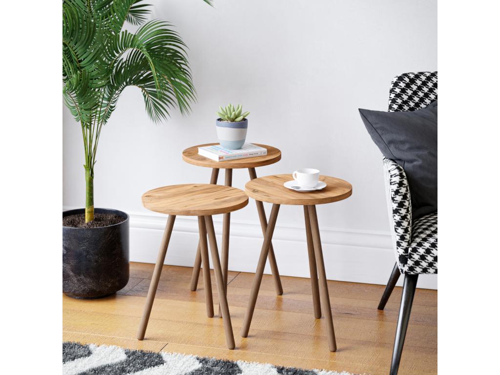 Set of 3 round tripod side tables with wood effect, Hj rring, Artvivrestore 04792GCXT