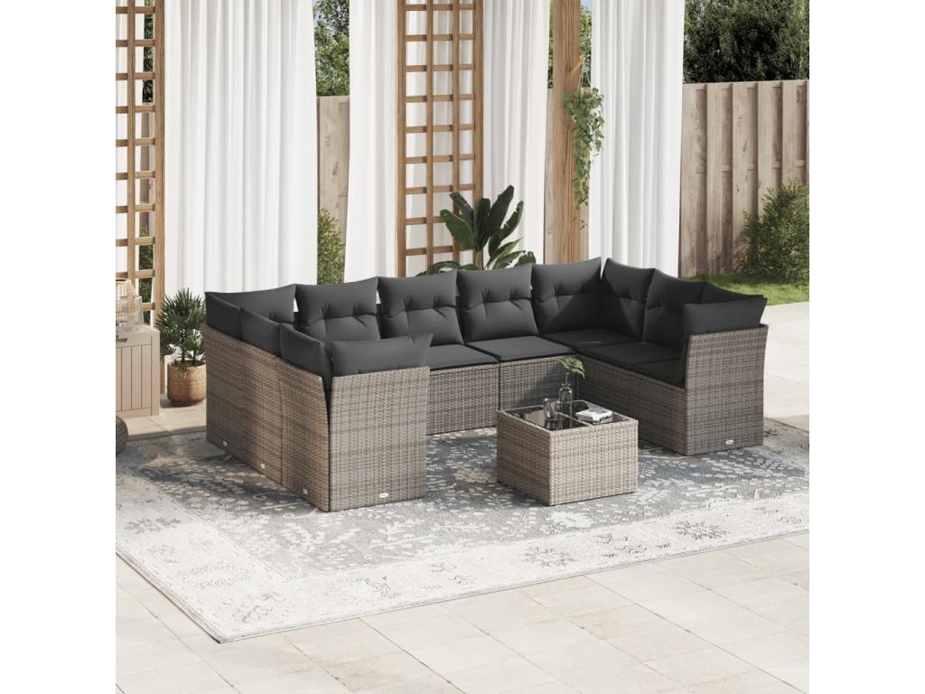 10-piece garden furniture set with cushions, grey woven resin 88701TTQX