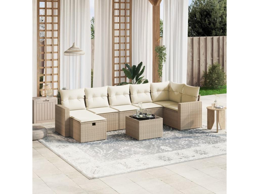 8-piece garden furniture set with cushions, beige wicker resin, 74732FGWO