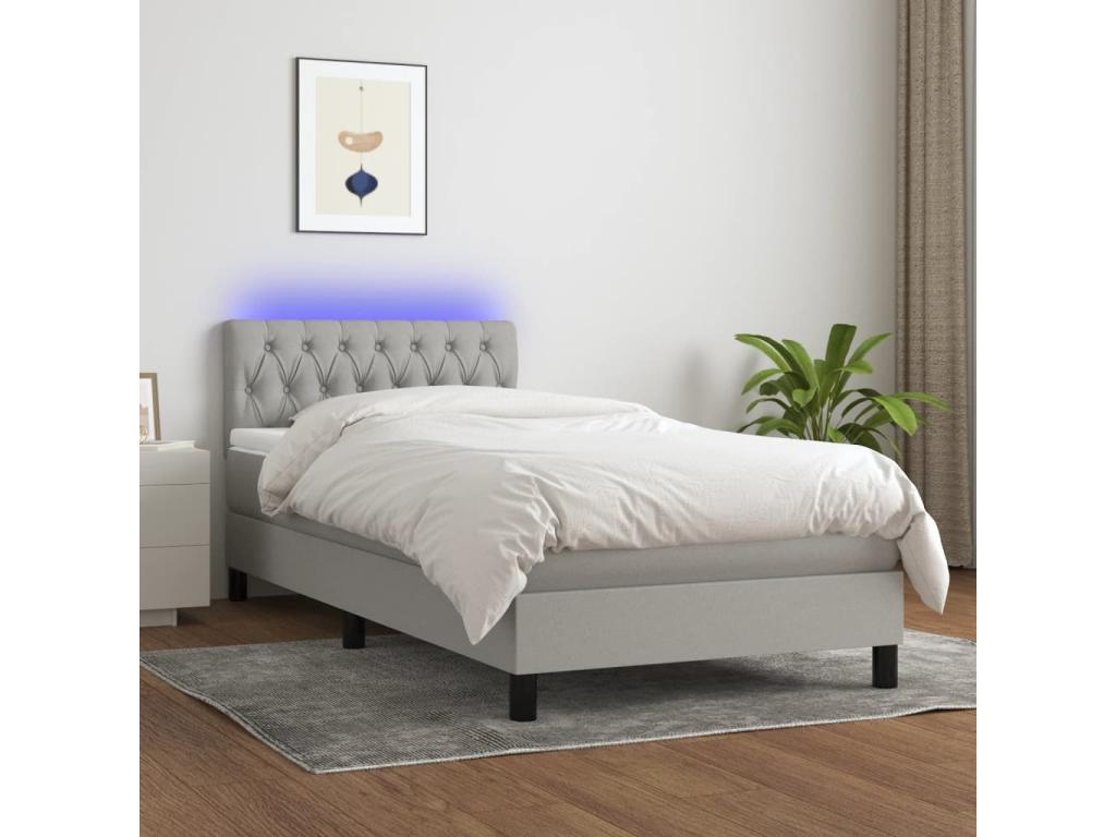 Upholstered bed base with mattress and LED light, light grey, 90x190cm, fabric, 89647VOQR