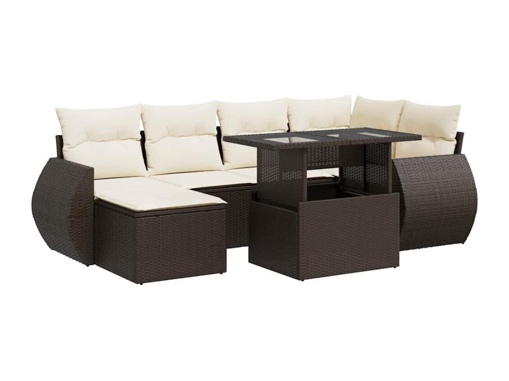 7-piece garden furniture set with cushions, brown woven resin, 53327JVIB