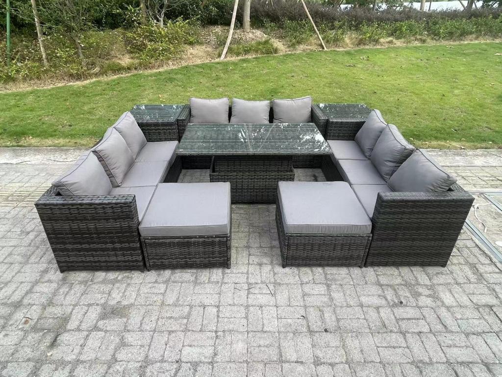 Rattan garden furniture set with height-adjustable dining table, 3 sofas, 2 stools, and 2 side tables. MéArtvivrestore dark grey 23420TDTX
